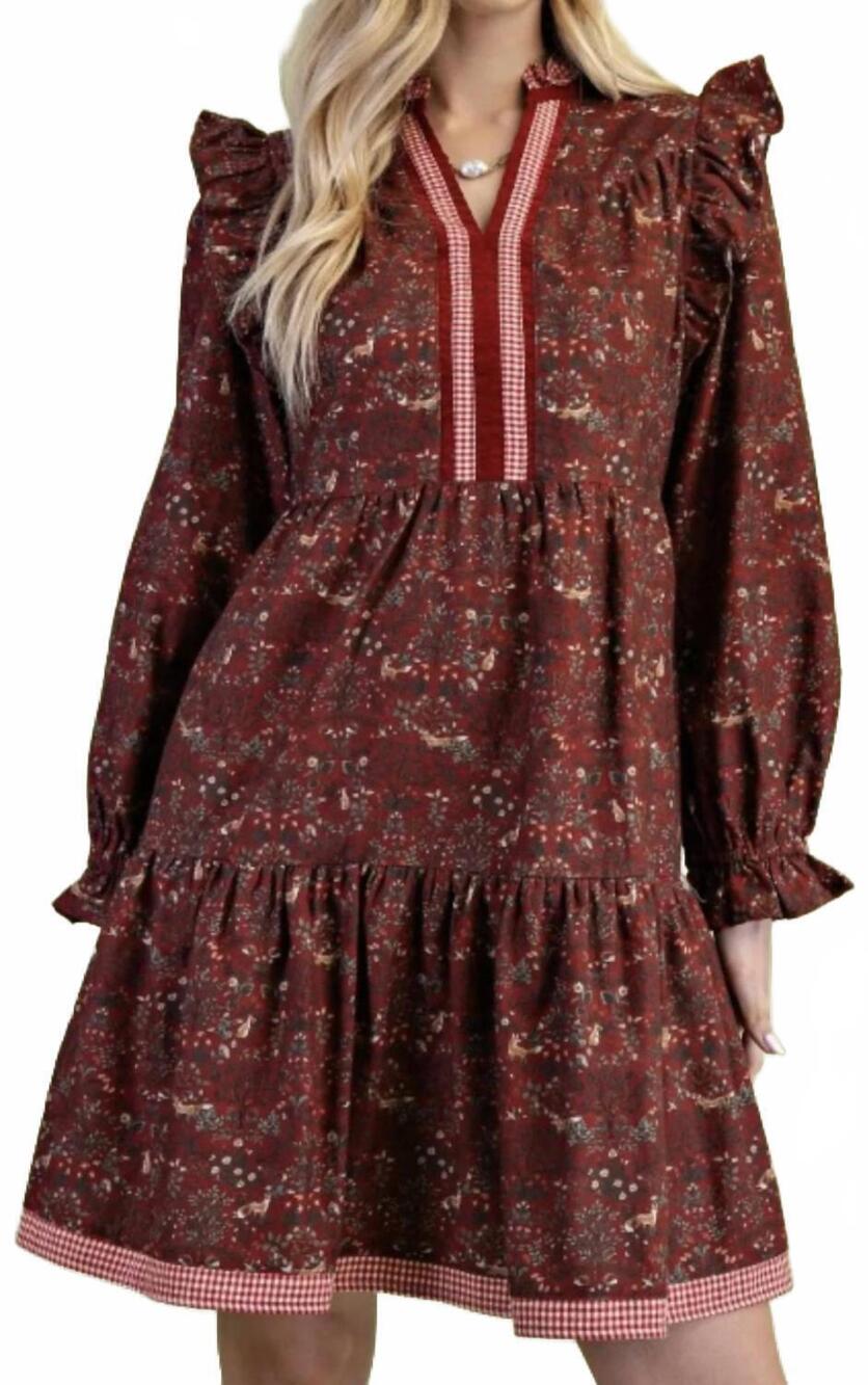 NEW GIGIO vintage woodland print tiered dress in brick mix